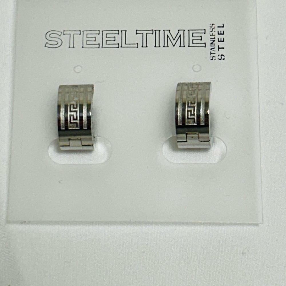 Steel Time Stainless Steel Greek Key Hoop Huggie Earrings - Silver New